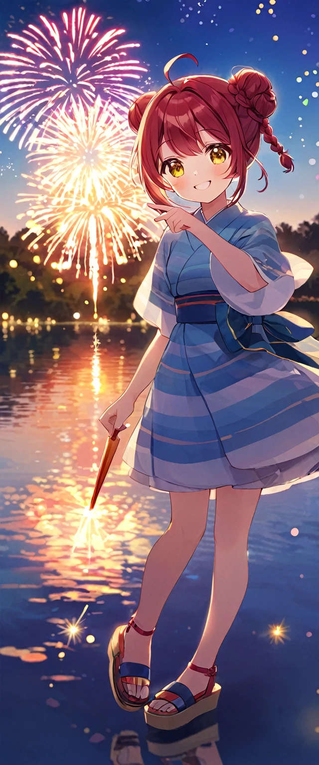 Highest quality、High resolution、Detailed Background、Beautiful face in every detail、Detailed facial expressions、Detailed eyes、age beauty、Highly detailed face、cuteアイメイク、cuteリップメイク、A big smile、smile、cute仕草をする、Lake Biwa、Fireworks display、
We recommend the classic vertical striped yukata。Refreshing impression、Choosing a bright color for your obi will enhance the atmosphere.、Red or blue、Yellow is popular、
The lightweight design of these sandals makes them easy to walk in and makes your feet look neat.、It&#39;s also a good idea to pay attention to the use of accessories such as drawstring bags.、
The festive braided arrangement is adorable.、It&#39;s also nice to express your individuality with gorgeous decorations.、
We recommend hairstyles that are easy to move around in, such as loose buns or half-up styles.、
びわ湖Fireworks display、Lake Biwaの水面を舞台に花火が打ち上げられます、The view of the fireworks reflected on the lake surface is spectacular and makes this a popular viewing spot.、cute