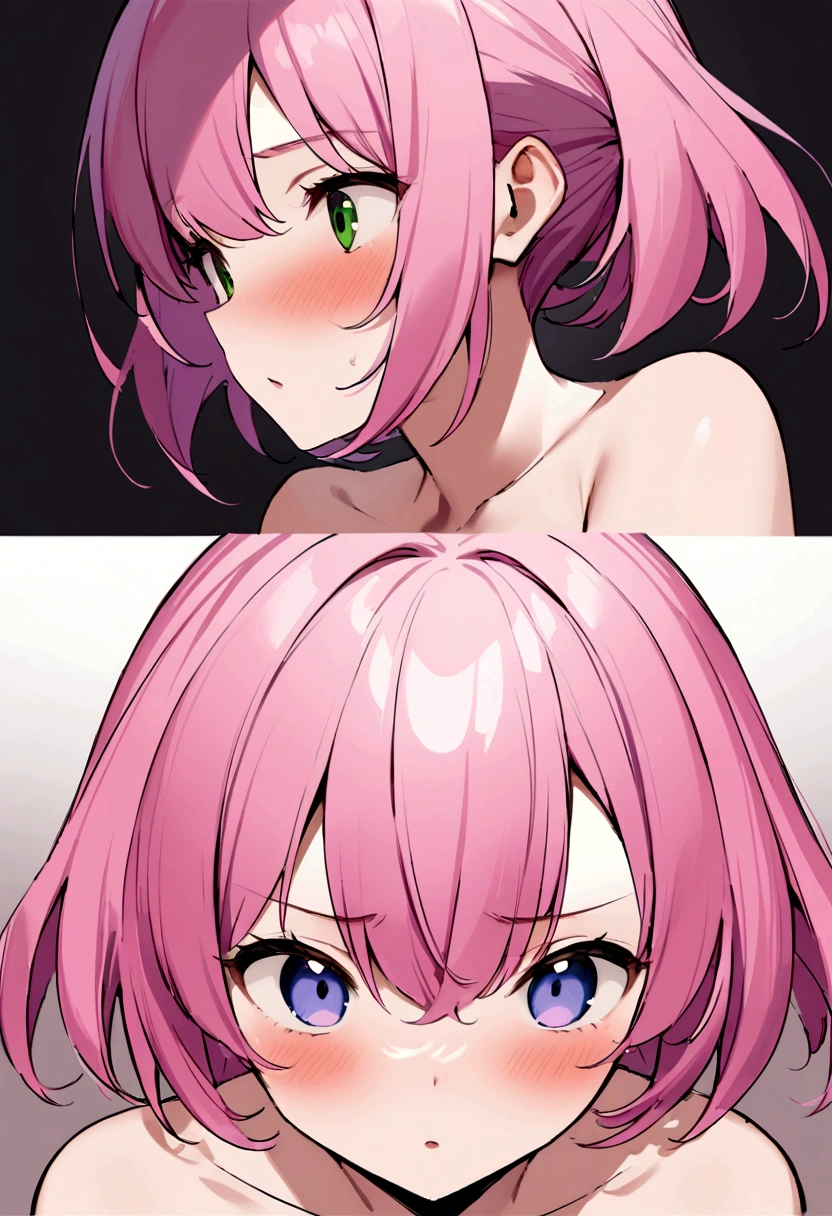 Close-up of face、Bury your face in the man's crotch、Naked girl staring、Interested in size、be surprised、Hold your breath、Pink Hair、Twin Drill