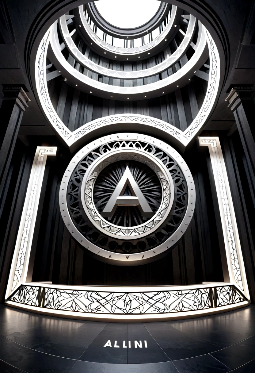 A mesmerizing 3D rendering of the "(((Pavel Alling)))" logo, exuding strength and talent. The silver font, on black dondo. The cinematic vibe and architectural influence evoke image quality. In a strategic place place the logo of a photo camera. The intricate design and 3D rendering make it a captivating focal point, immersing the viewer in a world of professionalism. , cinematic, poster, architecture, typography, 3D rendering