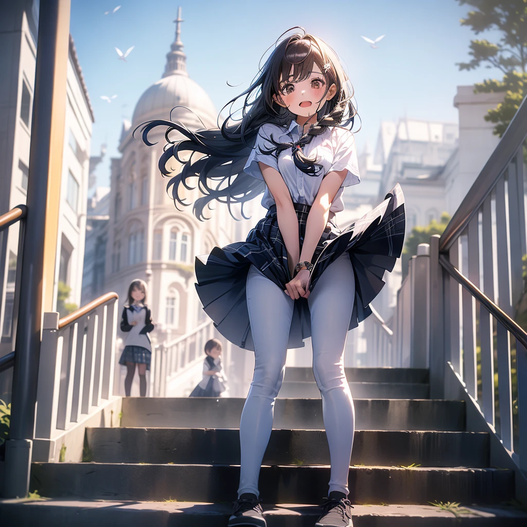 in 8K、top-quality、​masterpiece、Ultra-detail、Ultra-high resolution、((1 persons))、girl with、Uniforms、Braided hair、makeups、plaid skirts、heavy wind、((((Flip the skirt))))、White pants、View of the city