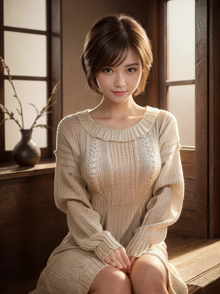 (masterpiece, Highest quality, Super detailed, Best Shadow:1.2), High resolution, ((Cinematic Light)), Hyper Detail, Dramatic Light, Intricate details, Dynamic Angle, (Highly detailed CG Unity 8k wallpaper:1.2), Shyness,
((masterpiece)), (Super detailed), (Highly detailed Unity 8k wallpaper), (Realistic Skin), (Realistic photos, Realistic, Photorealistic), Beautiful Japanese Women, (Knit dress:1.4), Beautiful Hair,Brown Hair, short hair,Beautiful Face, Delicate and beautiful eyes, smile,Beautiful feet, See through,Cowboy Shot
