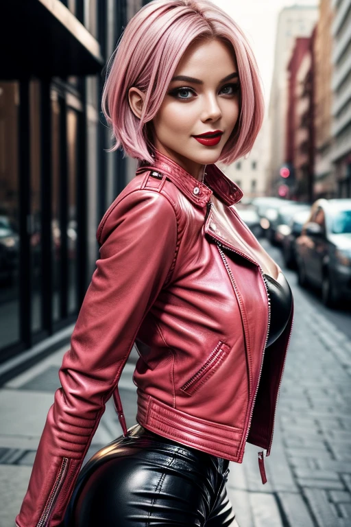 (masutepiece, Best Quality), ultra-detailliert, Photorealsitic, a short pink hair, beautiful female model, ((Coordinating sexy leather jackets)), leather pant, open-shirt, high-heels, a necklace, Ring Accessories, short Hair, Perfect face, Beautiful face, enticing, big gorgeous eyes, blue eyess, heavy make up, red-lips, seducting smile, Glamorous body, Voluptuous body, Big ass, down town, suggestive pose