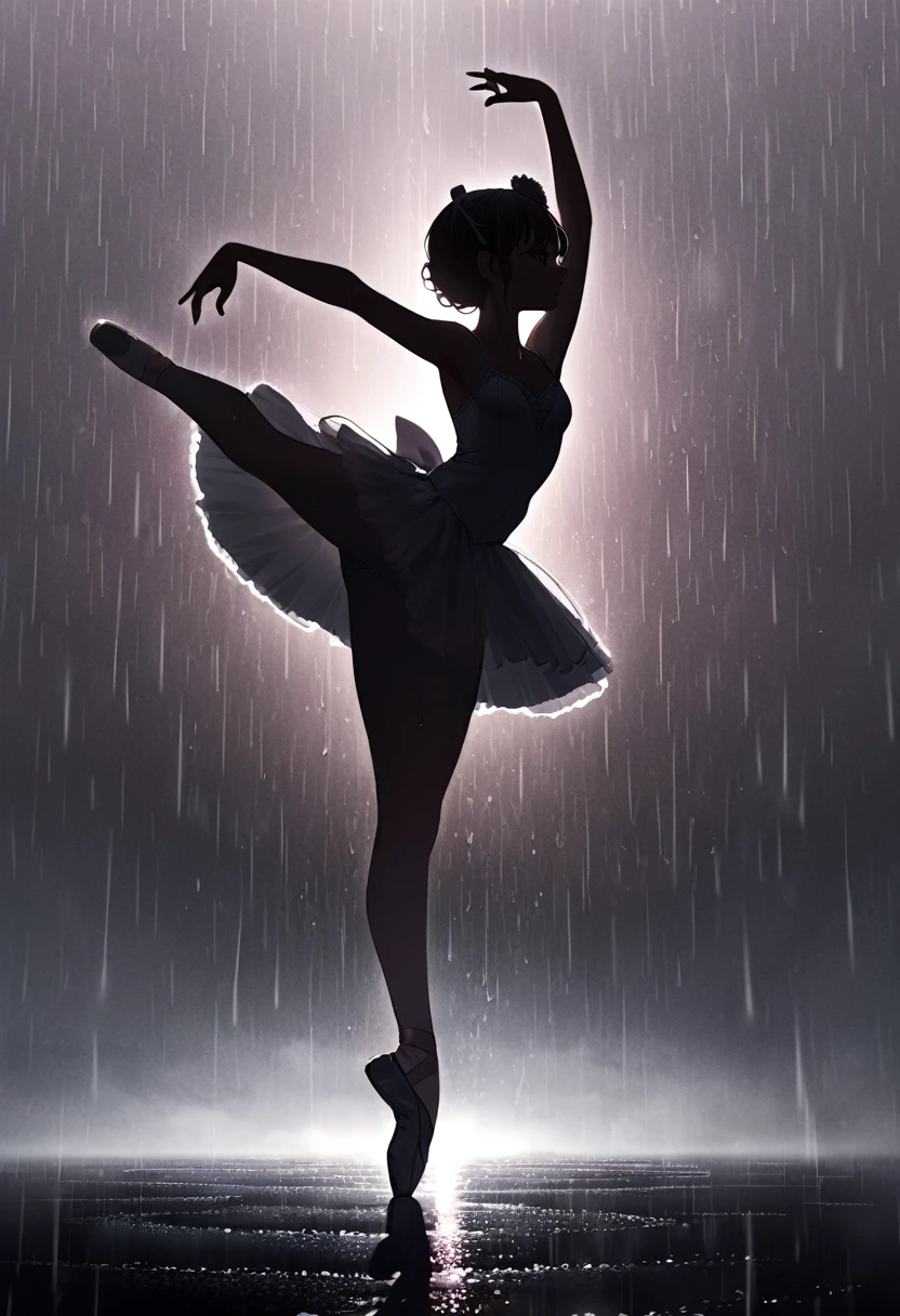 (masterpiece, best quality, super detailed), silhouette, Solo, A lady in tutu is dancing ballet on the hill, in the rain, Full body, Ballerina silhouette, ballet pose, Arabesque, Small grave marker at feet, heavy rain, rain drop, The raindrops hit wet body and shine, lightning, simple background, cinematic lighting