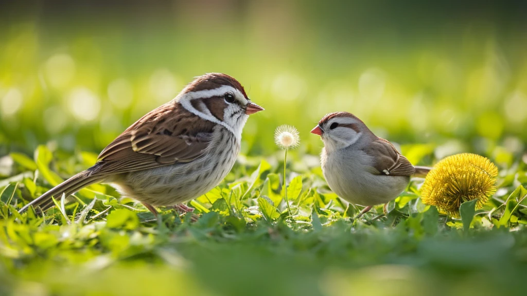 Create a hyperdetailed image of a cute mouse feeding a white crowned sparrow a dandelion seed by hand. The sparrow is standing on the ground. The scene is set in a field with other dandelions in the background.