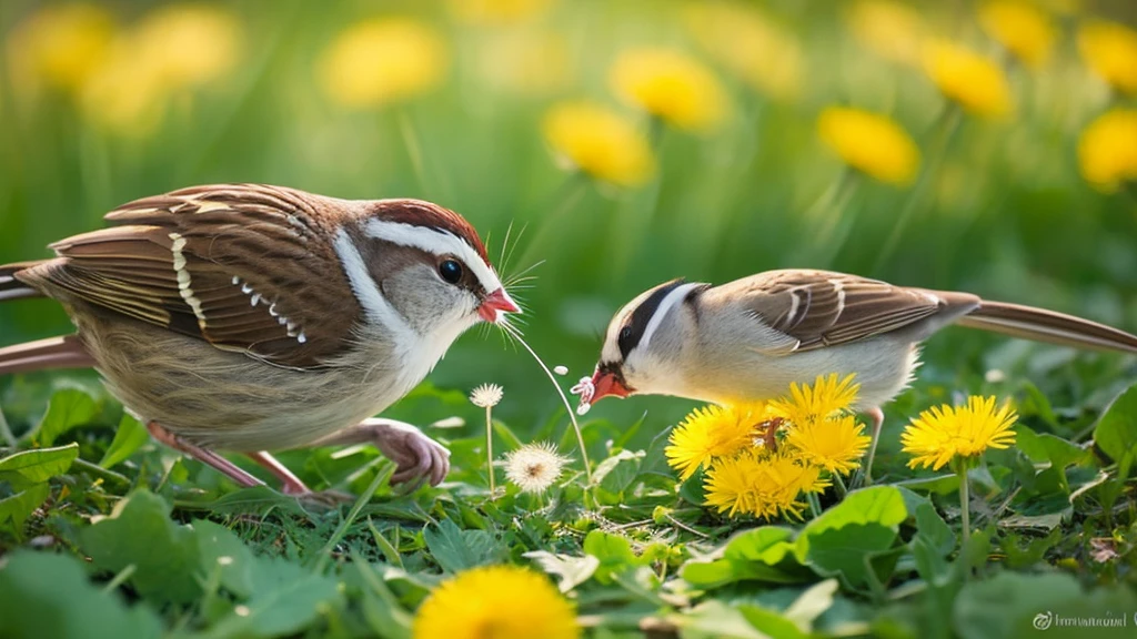  Create a hyperdetailed image of a cute mouse feeding a white crowned sparrow a dandelion seed by hand. The sparrow is standing on the ground. The scene is set in a field with other dandelions in the background.