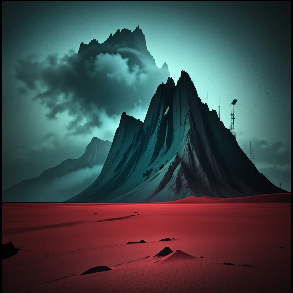 Fine art, black-white-red-green, high contrast, national geographical photo: deine spuren im sand, die ich gestern noch fand, taken in the style of post-apocalyptic futurism on Ektachrome film with 14 mm focal length and Provia, soft and dreamy tones, detailed photo, bright coloring