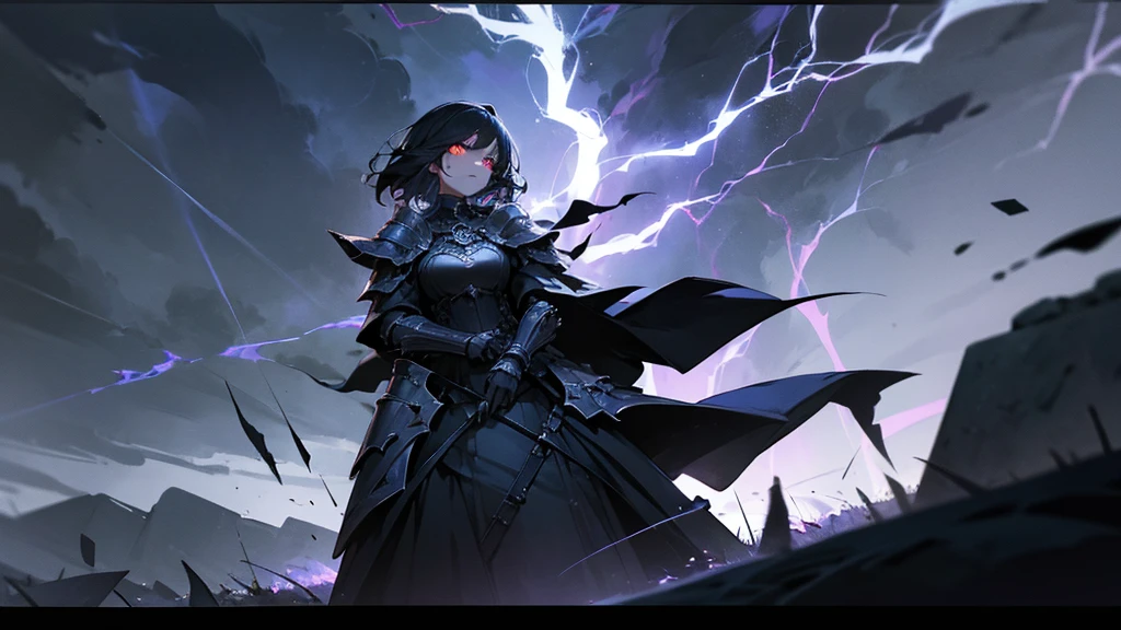 woman, A warrior in dark clothes, gothic armor, with glowing eyes and dark powers emanating from his hands. The background is a night scene with dark clouds and lightning.
