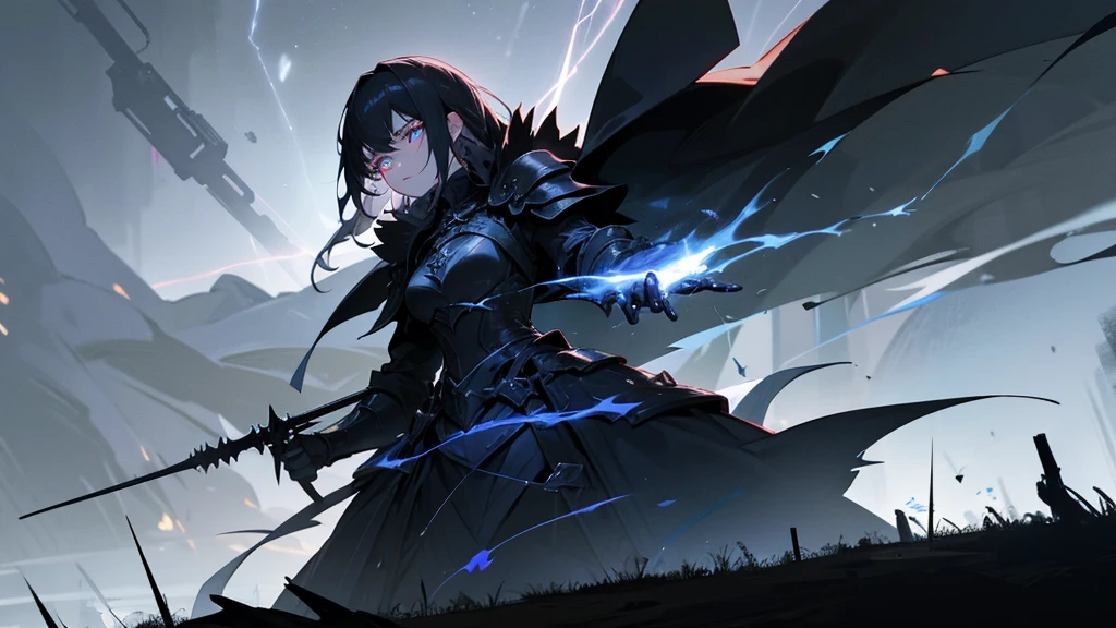 woman, A warrior in dark clothes, gothic armor, with glowing eyes and dark powers emanating from his hands. The background is a night scene with dark clouds and lightning.
