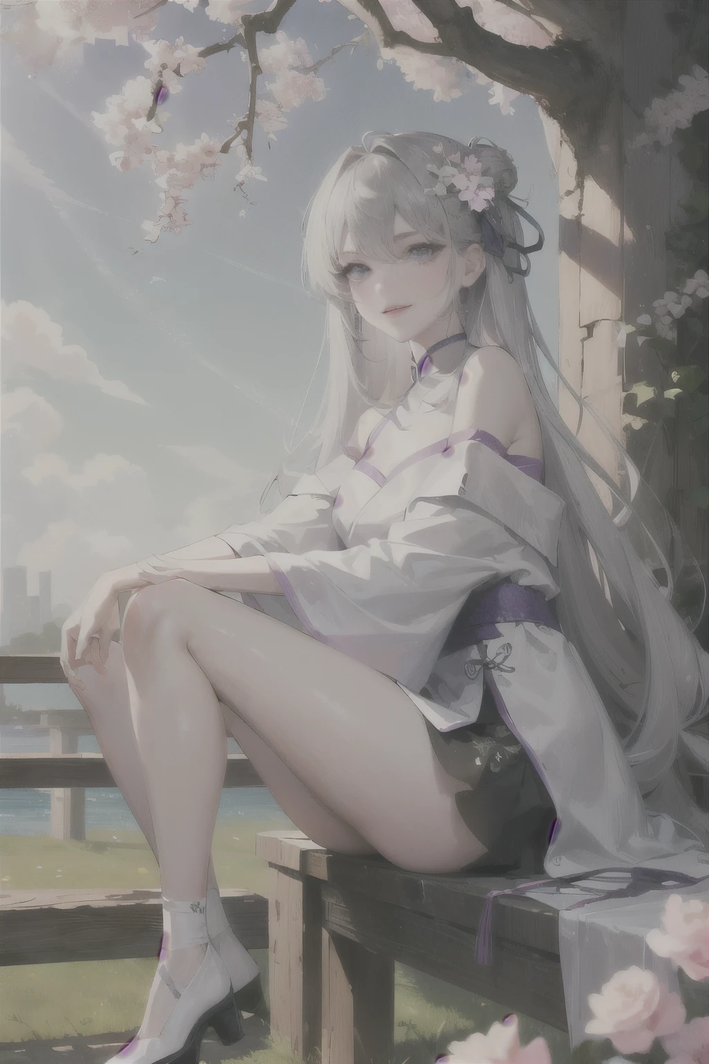 masterpiece, Excellent, daytime, outdoor, Falling Flowers, Branches, China人, China, 1 girl, Perfect Woman, Woman with long silver hair, Gray blue eyes, Light pink lips, Serious, ,Purple Eyes, White clothes, , Delicate face, Delicate face, Sitting Legs, Smile