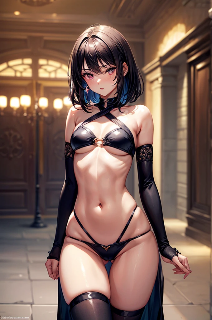 (crisscross bikini crop top, thong, thigh high pantihose ),gorgeous, masterpiece, best quality, high-resolution, finely detailed, extremely detailed and beautiful, distinct-image, 1 girl, 16 year old ager, solo, sharp facial features, oval shaped face. cherry pink lips, lightly tanned white skin. velvet-colored eyes, C-cup breasts, tall height(175cm), slim yet chiseled body type, short shoulder length dark violet-black hair, small narrow waist, long and slender legs, curvy wide hips, elegant Gothic training courtyard setting, rear view