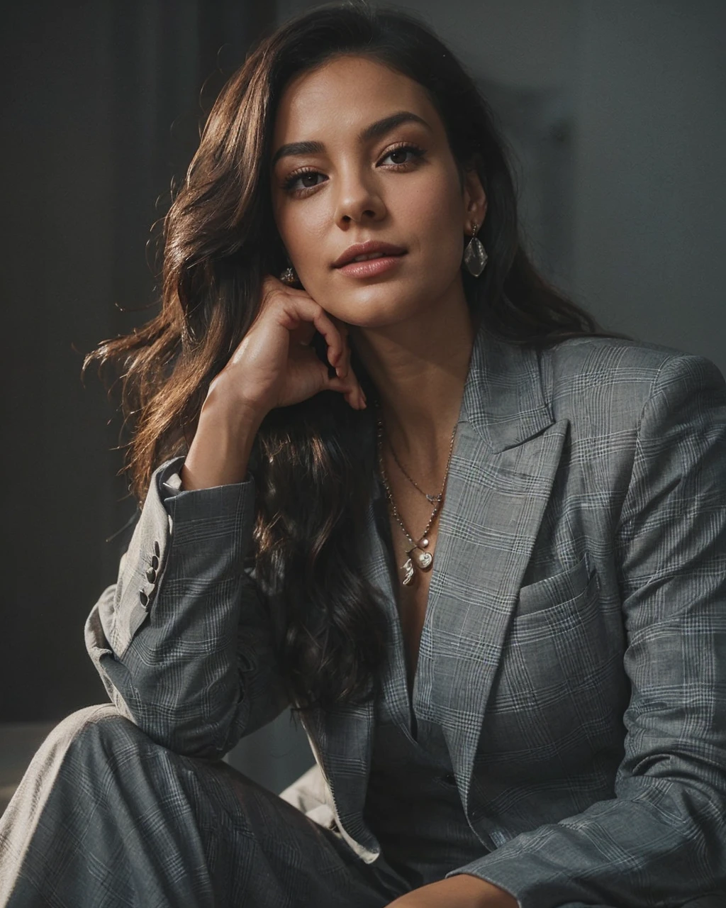 Create an image of a beautiful, confident woman seated in a professional setting. She should have long, wavy black hair and be wearing a stylish grey checkered suit. The woman should be posing with her head resting on her hand, exuding elegance and poise. She should have a subtle, natural makeup look and be wearing delicate jewelry, including earrings and a necklace. The background should be dark and slightly blurred to keep the focus on her, with lighting that highlights her features and the texture of her suit. The overall atmosphere should convey professionalism, confidence, and sophistication.