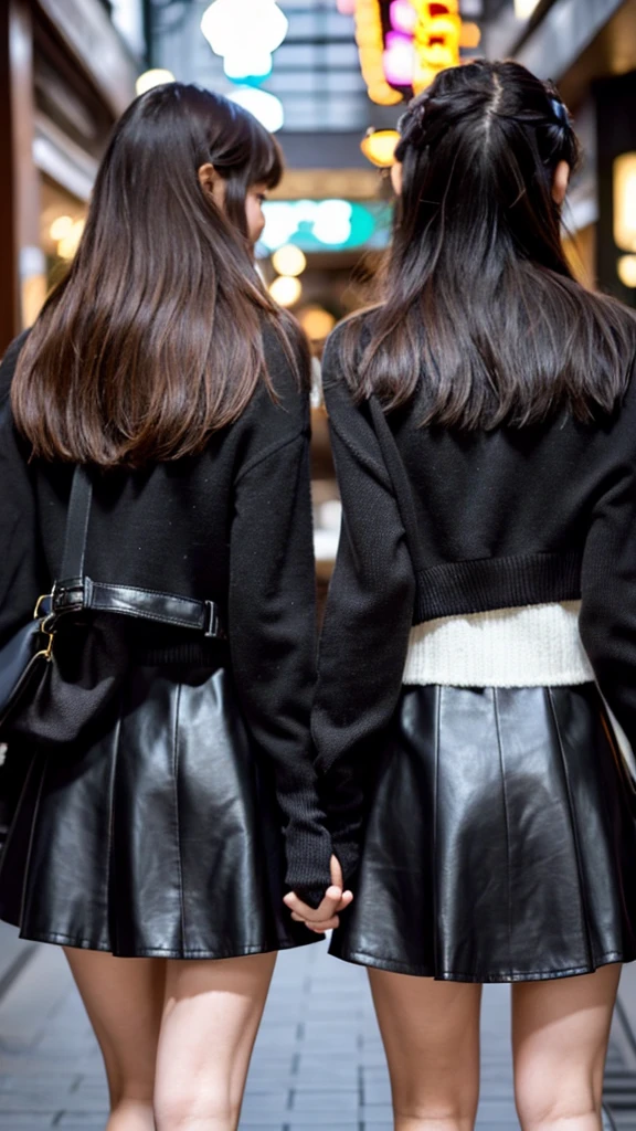A Snapchat photo of two Japanese schoolgirls wearing black cardigan,Wearing luxurious thin black leather gloves on both hands, she invites the photographer in. ,Ultra Mini Skirt,Ultra-detailed face, showing off their legs in the style of cute anime girls, taken from behind them as they walked past each other at an outdoor shopping mall. 