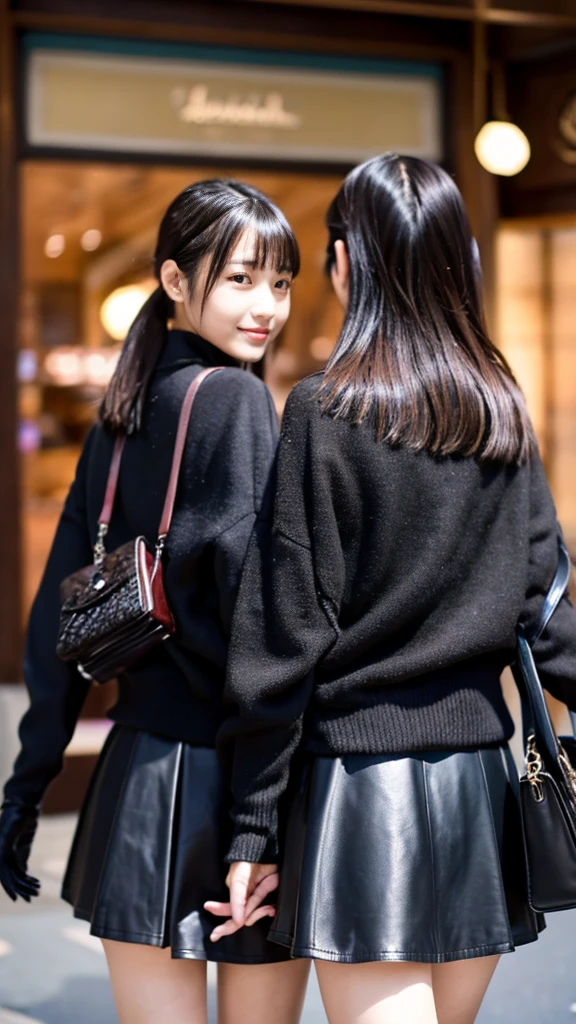 A Snapchat photo of two Japanese schoolgirls wearing black cardigan,Wearing luxurious thin black leather gloves on both hands, she invites the photographer in. ,Ultra Mini Skirt,Ultra-detailed face, showing off their legs in the style of cute anime girls, taken from behind them as they walked past each other at an outdoor shopping mall. 