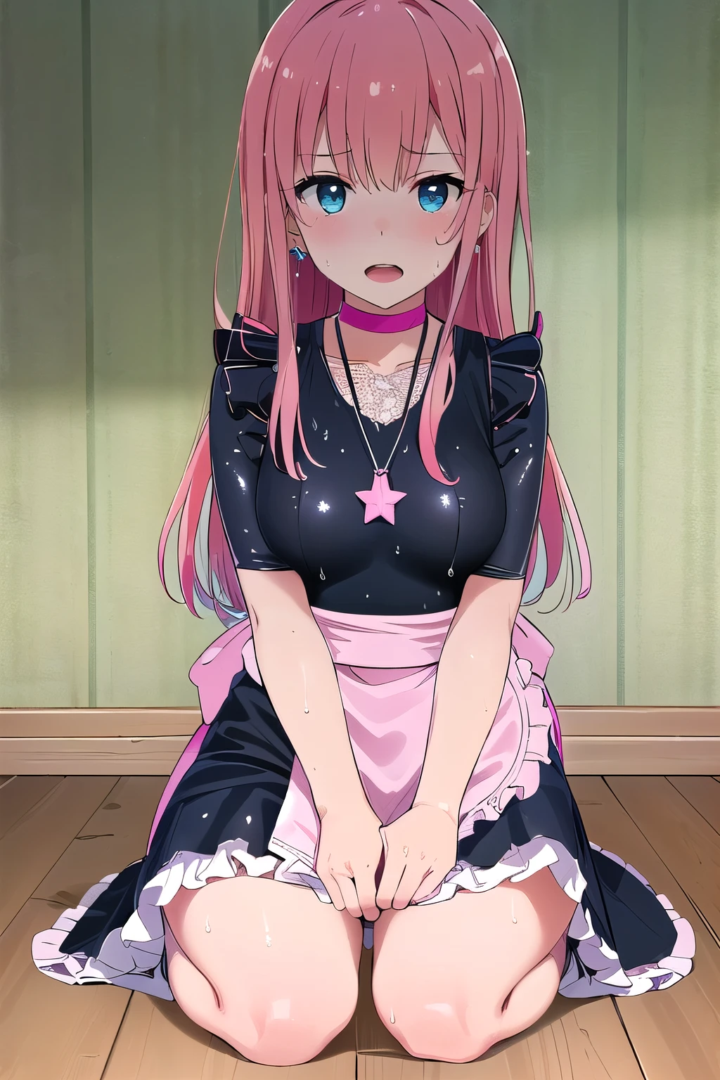 (8K, top-quality, masterpiece:1.2), (reallistic, Photorealsitic:1.37), Super Detail, One girl,), (Highly detailed), (beautifully detailed eyes), (of the highest quality), (super detailed ), (masterpiece), (Detailed face),20yr old, ,1 girl, ((pink hair,long hair)), medium breasts, clothed, Perfect Lighting, BREAK, (shiny neon pink green blue:1.5), (gradient color dress:1.4), (stars hearts glitter pattern:1.3), (glossy wet suit fabric:1.5), (short puffy sleeved bolero:1.2), (sheer lace trimmed camisole:1.2), (frilly sleeves sweetheart neckline blouse:1.3), (mini pleated skirt with apron belt:1.3), (bodycon fit silhouette:1.3), (knee high socks with frills:1.2), (clear platform loafers:1.2), (ribbon choker with charm:1.2), (star earrings heart necklace:1.2), (girly accessories:1.2), BREAK, (high quality:1.5), (upper body to knees:1.3), (long pink hair half up:1.2), (gentle smile:1.2), (slight blush:1.1), (turned head:1.1), (rolled up sleeves:1.2), (touching apron:1.2), (vintage wallpaper background:1.2), (soft natural light:1.2), BREAK (looking at viewer:1.5), (seiza:1.5), (sweat:1.5), (steam:1.2), (girl trembling with sexual climax:1.1), (open mouth:1.2),
