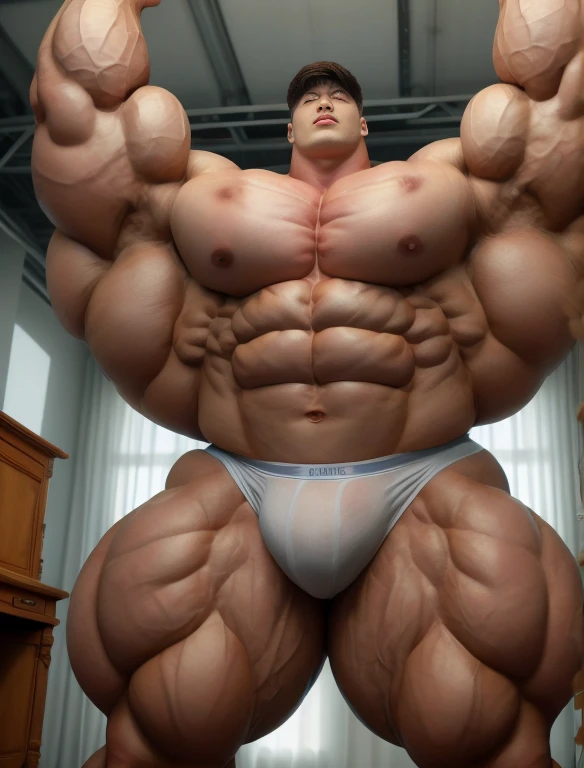 1 asian boy, giant, alone, giant bodybuilder, illuminating light, strong body, bulk, large size, staring, standing, armpit, in white photo studio, indoor, nude, white triangular underwear, thick bulge, extraordinary big, brutalmass, giant muscular body, bulk, buff, massive body, large meaty body size, extremely wide body