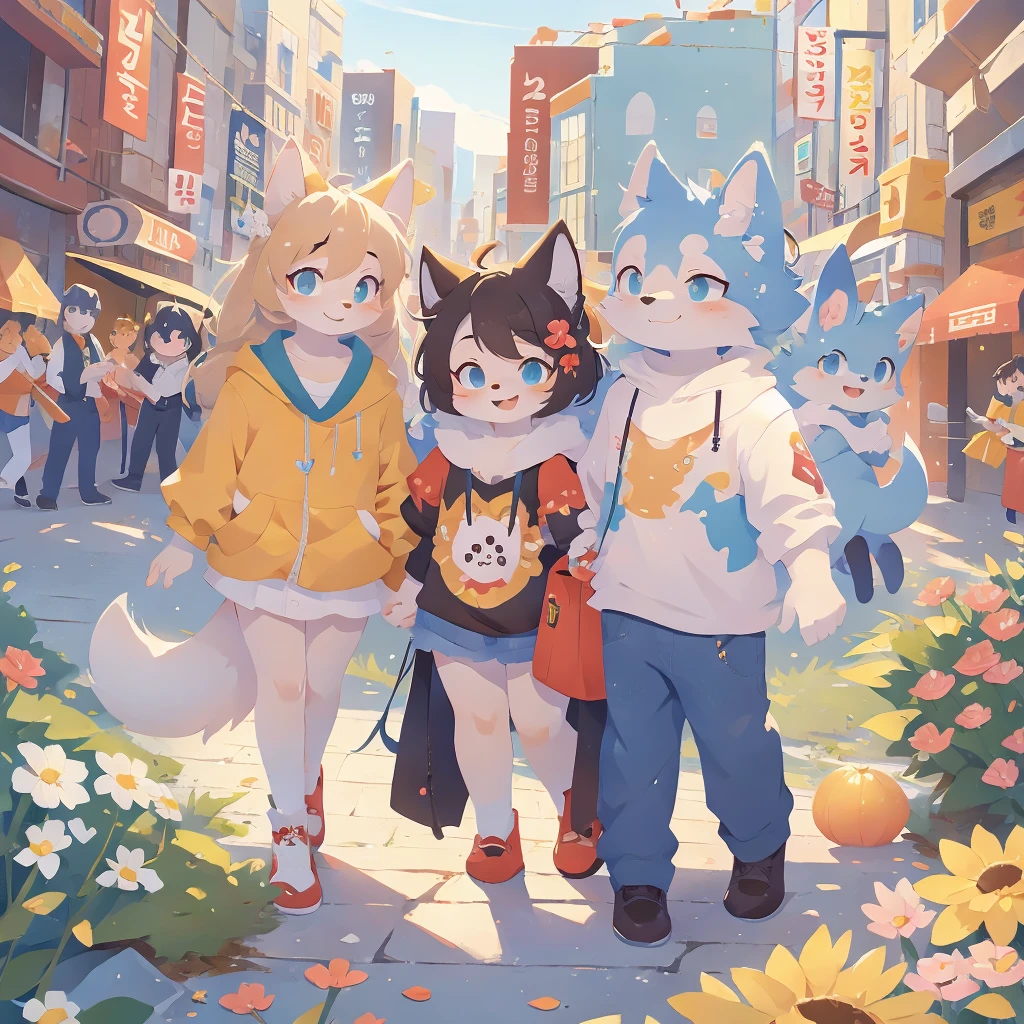 a group of cats and kittens, bunnies, dragons, dogs, foxes, and wolves are all grouped together, fursona art, furry art!!!, furry anime cartoon, very very beautiful furry art, furry fandom, lots of fur, fursona!!!!, toon, professional furry drawing, furry art, cute detailed artwork, furry convention, detailed fanart, fursona furry art commission, colorful seoul city, 