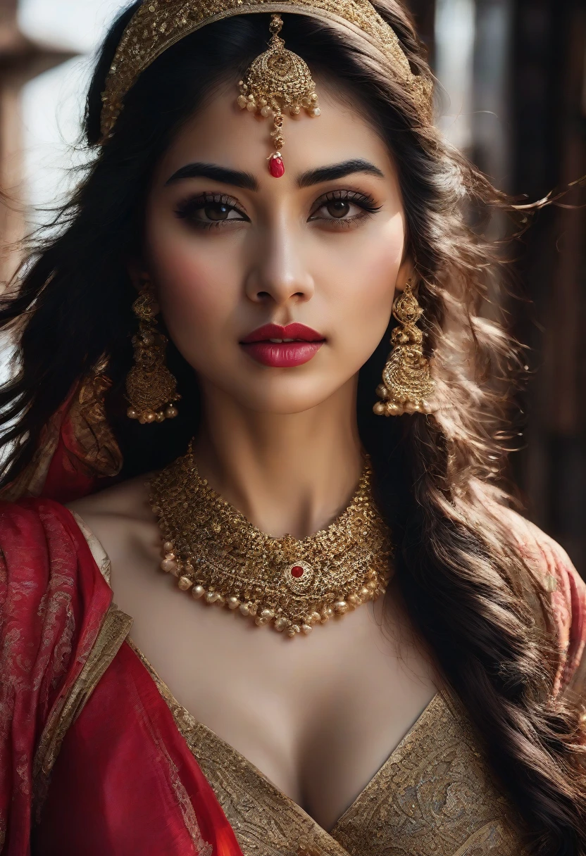 Masterpiece, high quality, 4K, beautiful design, shiny, award winning photo, extremely detailed, amazing, fine detail, absurdres, highly detailed woman, black hair, bare chest, bare breast, tanned skin, extremely detailed eyes and face, by lee jeffries nikon d850 film stock photograph 4 kodak portra 400 camera f1.6 lens rich colors hyper realistic lifelike texture dramatic lighting unrealengine trending on artstation cinestill 800 tungsten, 1girl, solo, expressive look,smiling, (puffy lips:1.155) HDR, highest quality, sharp focus, looking at viewer, facing viewer, 4k, blue eyes, woman wearing DNC_Glam, oriental dancer, red clothing, VIIIth century Baghdad background, stygia, priestess,