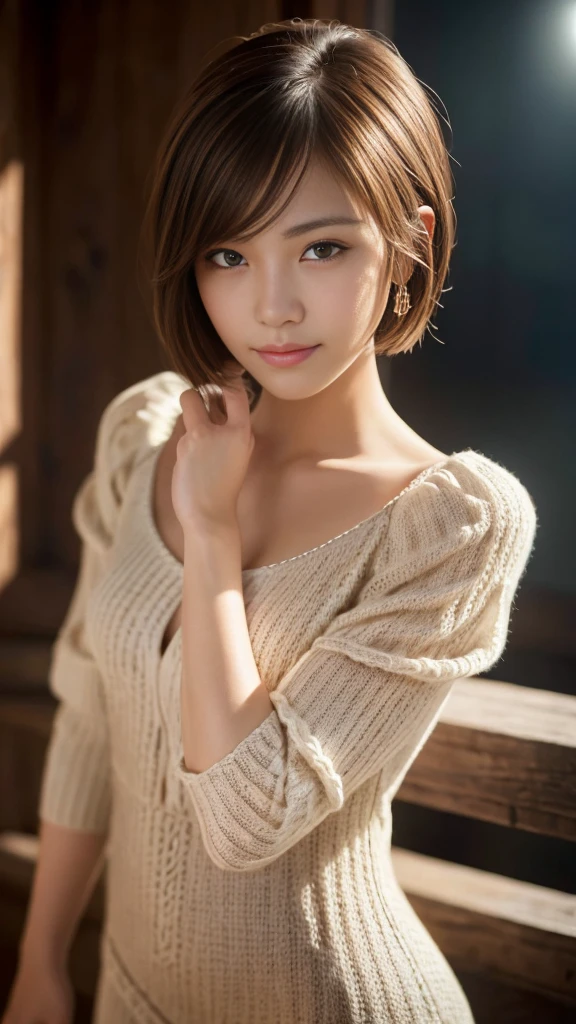 masterpiece, best quality, ultra-detailed, intricately detailed hyperdetailed, realistic, sharp features, highly detailed, sharp focus, 19years old, perfect face, perfect face, perfect symmetrically perfect eyes, perfect full lips, flexible female form, cinematic, film light, hyper detailed, hyper realistic, high resolution, vibrant, dynamic studio lighting, ((Dark background)), (seductive smile), short hair, straight Bangs, brown Eyes, White sweater, cowboy shot,