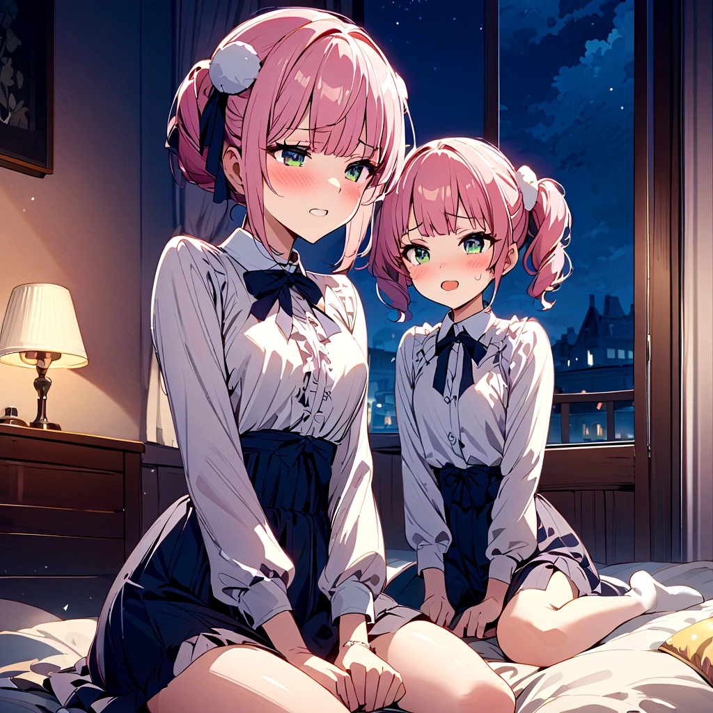 masterpiece, Highest quality, so beautiful, absurdists,High resolution,One girl, One boy,Cuddling in bed, like,sexly,Look at each one, blush,Age difference,bow tie,blondes,chest,Long Hair,Pink Hair,Tucked in shirt,short hair,skirt,Tent shirt,Slut,Big breasted sister and brother,Siblings,Trousers with bulging crotch,Pushing her big tits against her brother,My brother&#39;s penis erect in his trousers,My brother&#39;s small erect penis