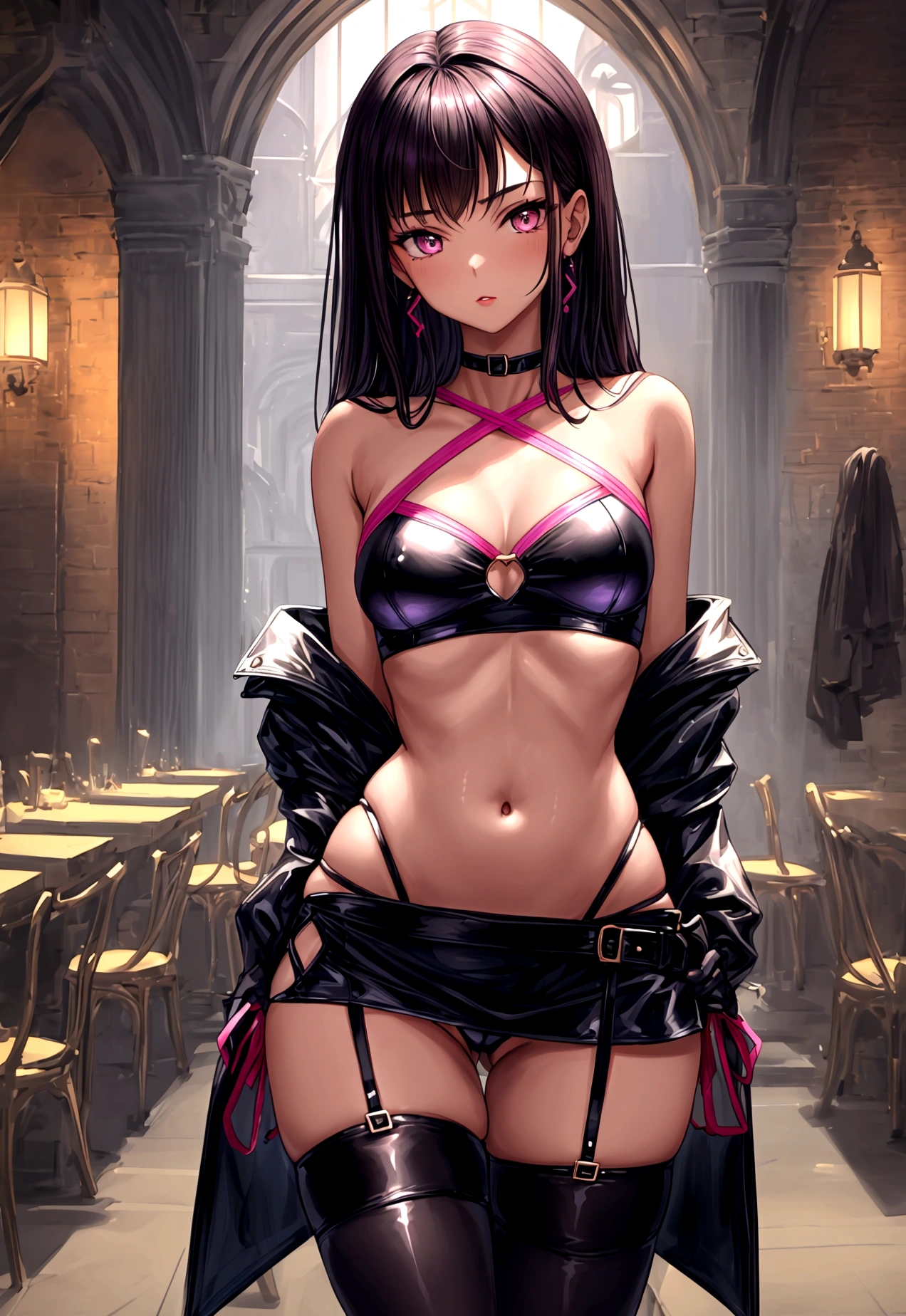 (crisscross bikini crop top, miniskirt, thigh high pantihose ),gorgeous, masterpiece, best quality, high-resolution, finely detailed, extremely detailed and beautiful, distinct-image, 1 girl, 16 year old teenager, solo, sharp facial features, oval shaped face. cherry pink lips, lightly tanned white skin. velvet-colored eyes, C-cup breasts, tall height(175cm), slim yet chiseled body type, short shoulder length dark violet-black hair, small narrow waist, long and slender legs, curvy wide hips, elegant Gothic training courtyard setting