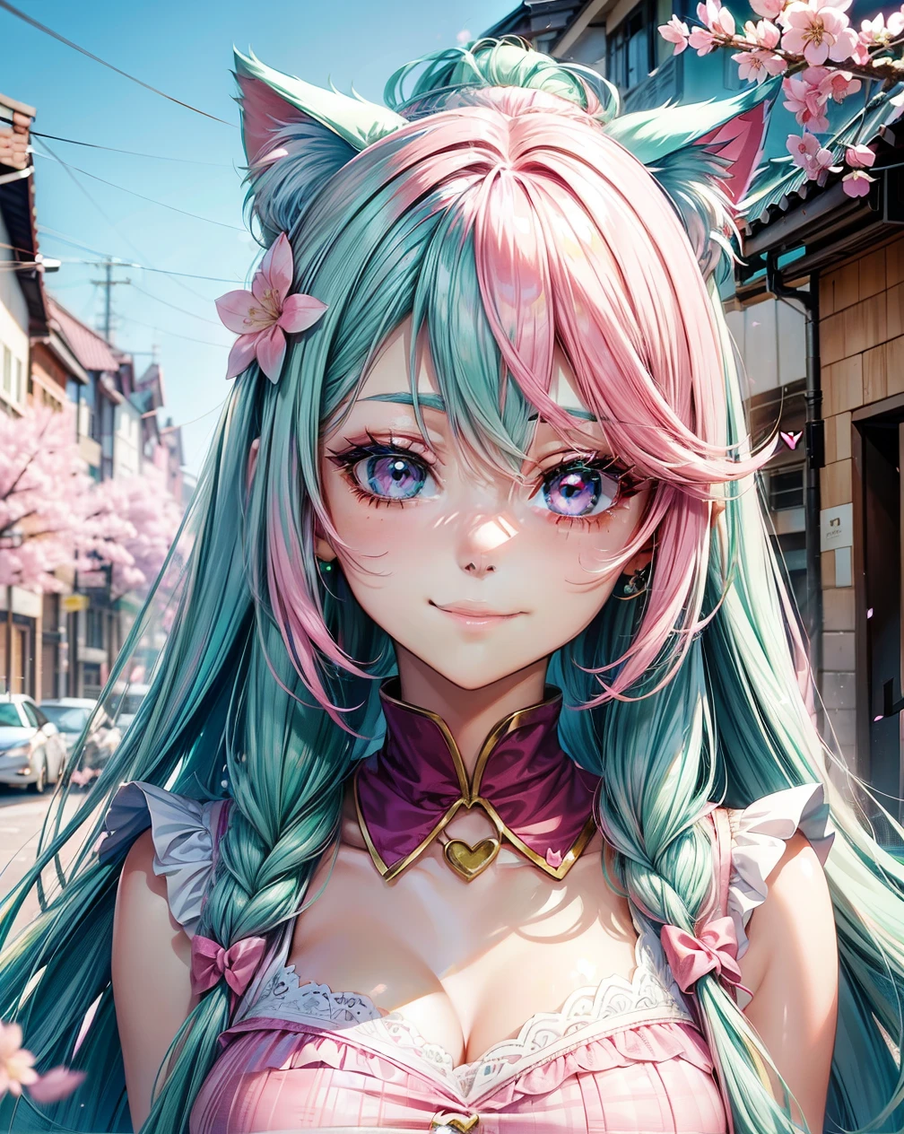 ((Pink green hair color)), pink eyes, woman, teal blue gold clothes,happy face, sexy outfit, cat ears, hearts, floating hearts, face only, long hair, smiling, cherry blossom, hair ornament, up close face, sexy clothes, sexy women , closed mouth smile, up close face