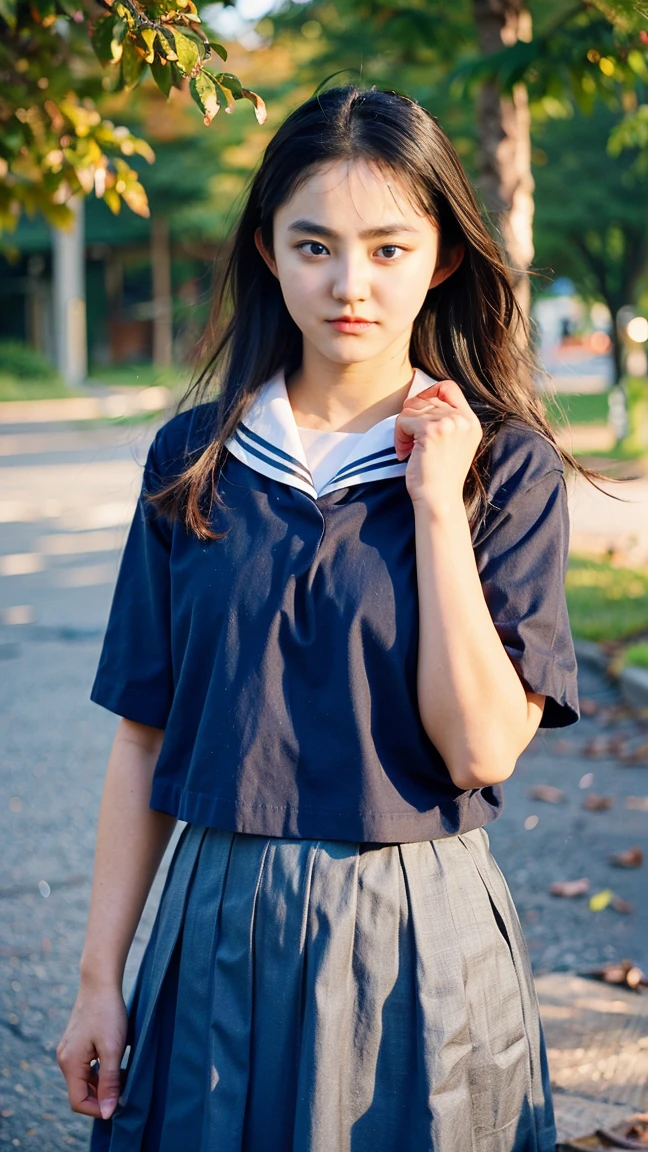 (masterpiece、Highest quality、Very detailed)、Hair color is deep dark brown、Soft Waves、
(Skin is smooth、Lightly reflects light、Healthy shine)、(The eyes are almond-shaped、eyes dark brown)、Long eyelashes、Flexible curls、Each one is clearly visible、Thin eyeliner、Natural eyelash shadow)、(Natural pink cheeks)、(Thick lips、smile)(Japanese in uniform、A white shirt with a distinctive sailor collar、Navy blue scarf)、(Summer clothes)、(Navy blue pleated mini skirt、inseam length)、(Beach、Pay attention to her whole body and facial expression)、(((Eye highlights and skin detail、Realistic details)))