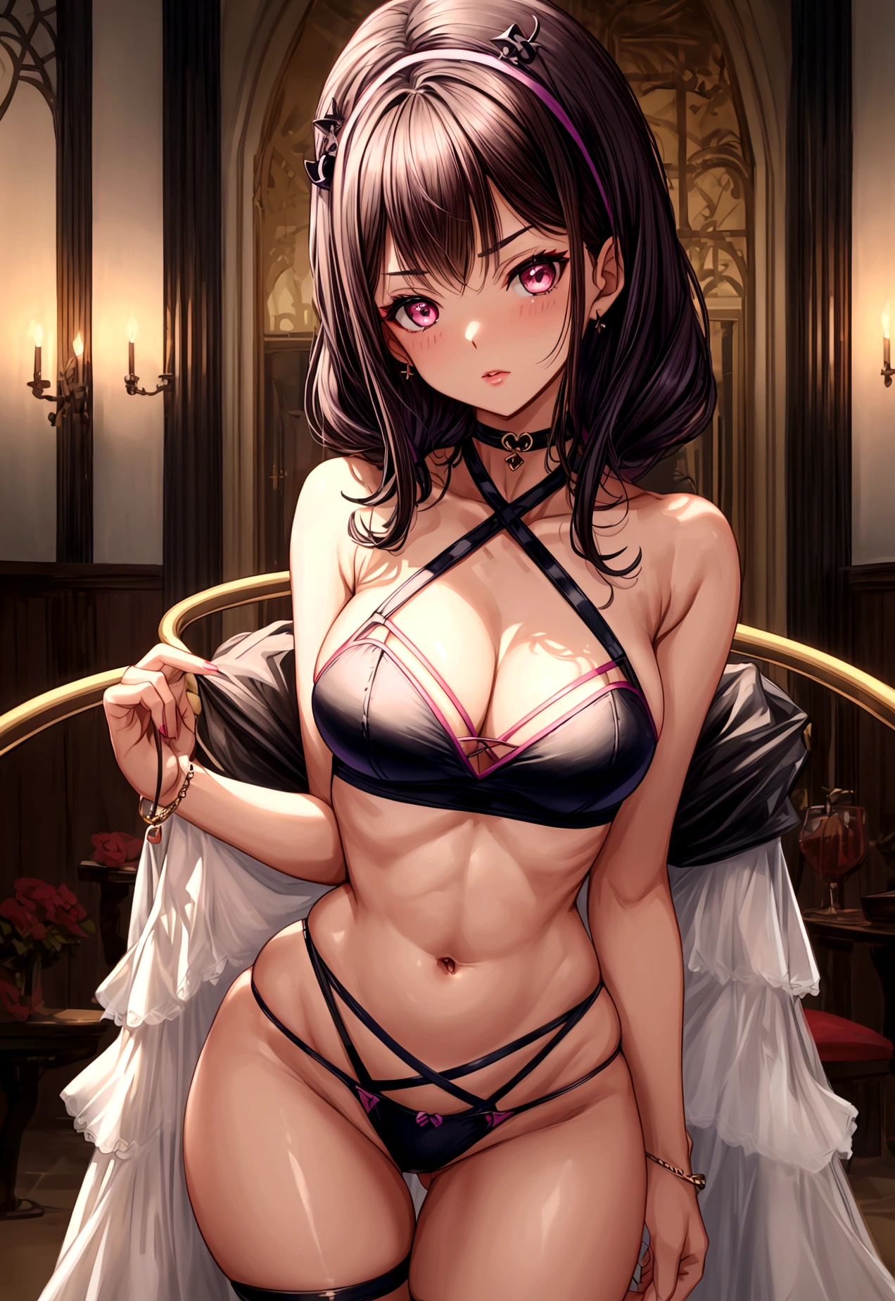 (crisscross bikini crop top, thongs, thigh high pantihose ),gorgeous, masterpiece, best quality, high-resolution, finely detailed, extremely detailed and beautiful, distinct-image, 1 girl, , solo, sharp facial features, oval shaped face. cherry pink lips, lightly tanned white skin. velvet-colored eyes, C-cup breasts, tall height(175cm), slim yet chiseled body type, short shoulder length dark violet-black hair, small narrow waist, long and slender legs, curvy wide hips, elegant Gothic training courtyard setting