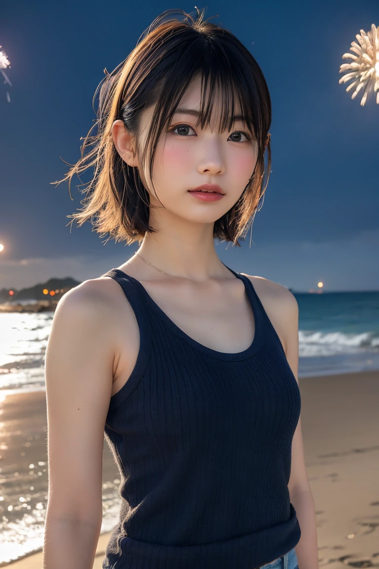 Japanese、Age 25、sister、Randomly generated people with diverse facial features and hairstyles、Perfect Anatomy,Ocean、Beach、firework、Night Sky、打ち上げfirework、目をOceanつぶる、Mature woman、Wearing a tank top