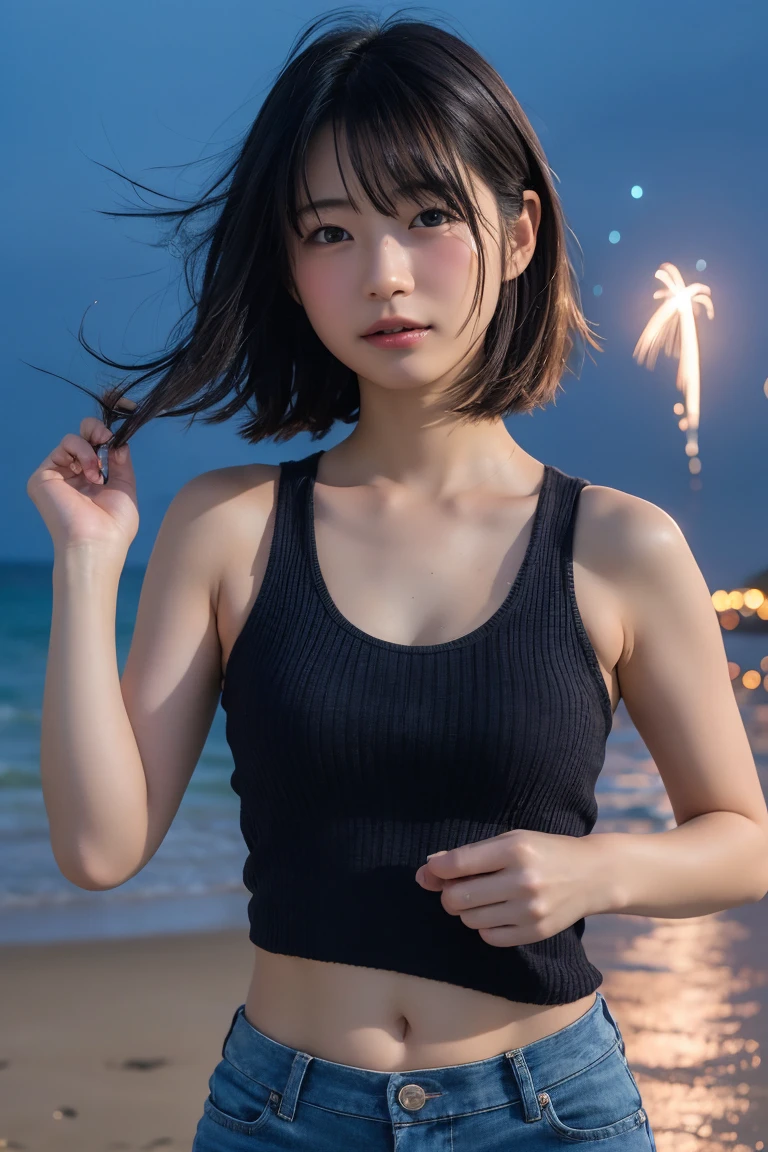 Japanese、Age 25、sister、Randomly generated people with diverse facial features and hairstyles、Perfect Anatomy,Ocean、Beach、firework、Night Sky、打ち上げfirework、目をOceanつぶる、Mature woman、Wearing a tank top