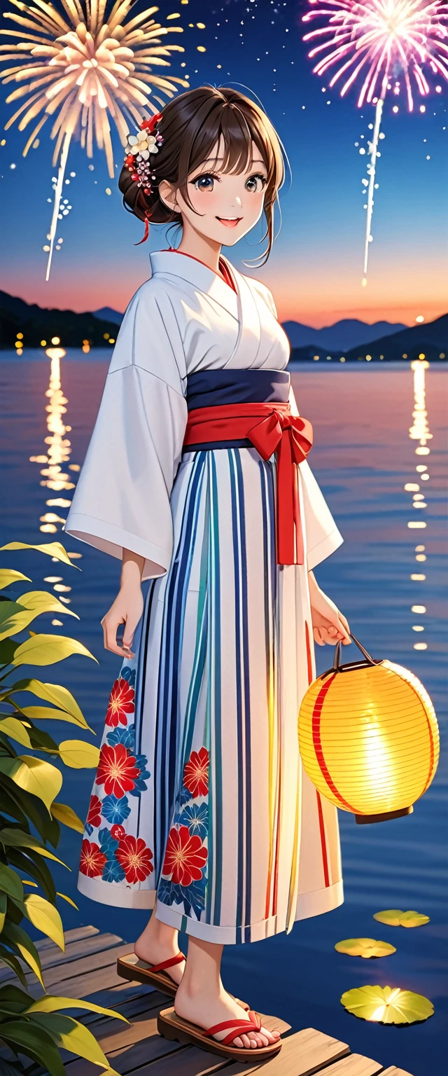 Highest quality、High resolution、Detailed Background、Beautiful face in every detail、Detailed facial expressions、Detailed eyes、age beauty、Highly detailed face、cuteアイメイク、cuteリップメイク、A big smile、smile、cute仕草をする、Lake Biwa、Fireworks display、
We recommend the classic vertical striped yukata。Refreshing impression、Choosing a bright color for your obi will enhance the atmosphere.、Red or blue、Yellow is popular、
The lightweight design of these sandals makes them easy to walk in and makes your feet look neat.、It's also a good idea to pay attention to the use of accessories such as drawstring bags.、
The festive braided arrangement is adorable.、It's also nice to express your individuality with gorgeous decorations.、
We recommend hairstyles that are easy to move around in, such as loose buns or half-up styles.、
びわ湖Fireworks display、Lake Biwaの水面を舞台に花火が打ち上げられます、The view of the fireworks reflected on the lake surface is spectacular and makes this a popular viewing spot.、cute