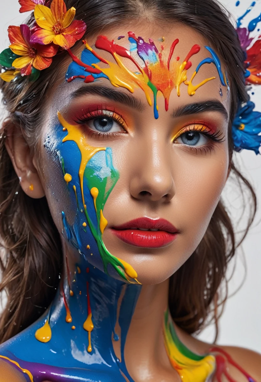 (absurd quality,32k,high-res,masterpiece),(realism,photorealistic), (body painting art, multiple colors, (splash fluid screen, fluid paints:1.3), intricate details:1.25), (in a bright and colorful world:1.25),