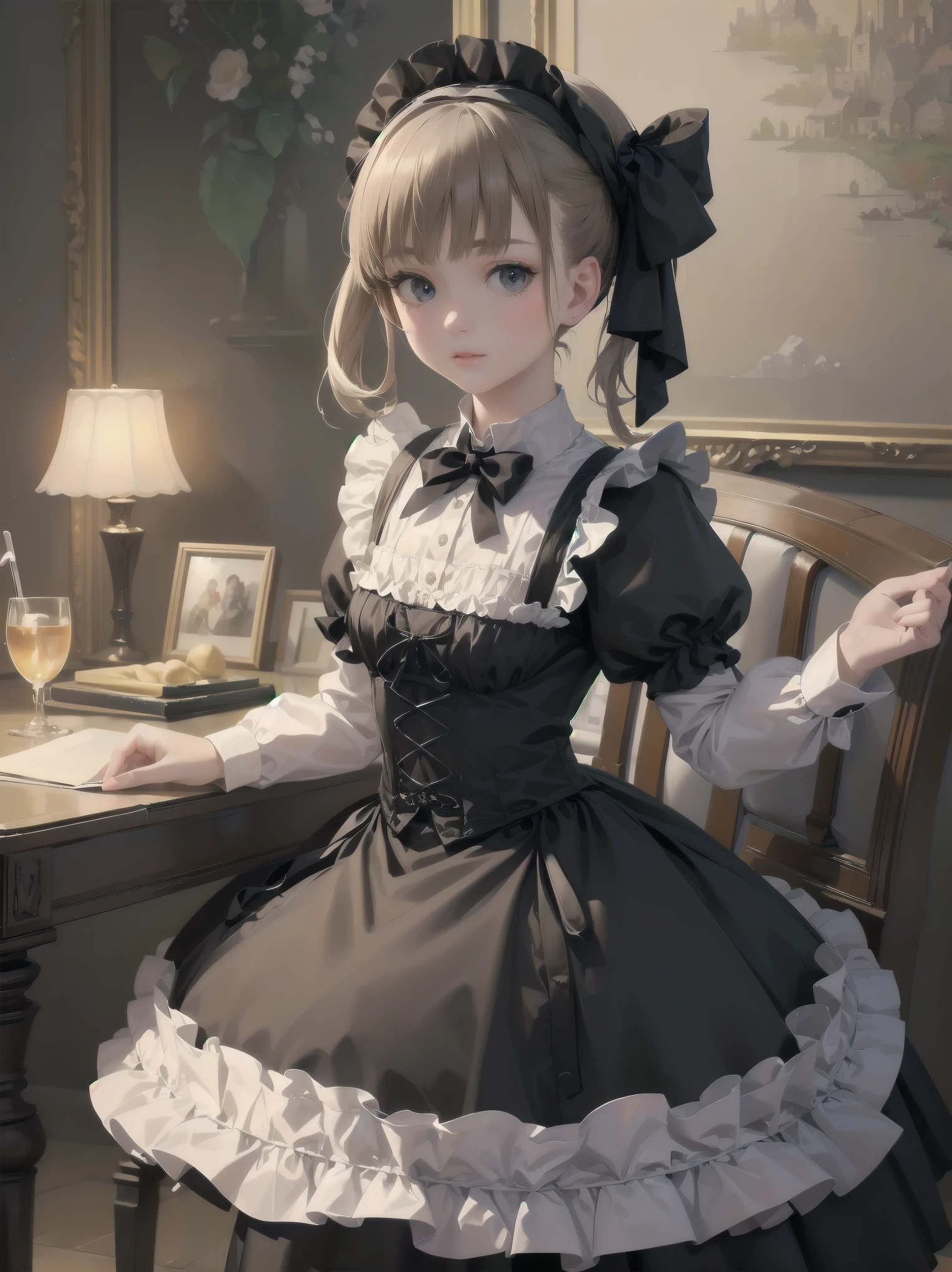 (Highest quality、16K、masterpiece、Ultra-high resolution、Victorian era、Photorealistic:1.2)、A delicate Lolita girl, aged 13、Cute poses of a lolita maid、