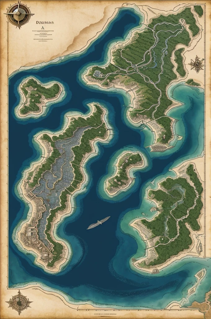 Create me a dnd map with sea mountains places rivers houses and landscapes