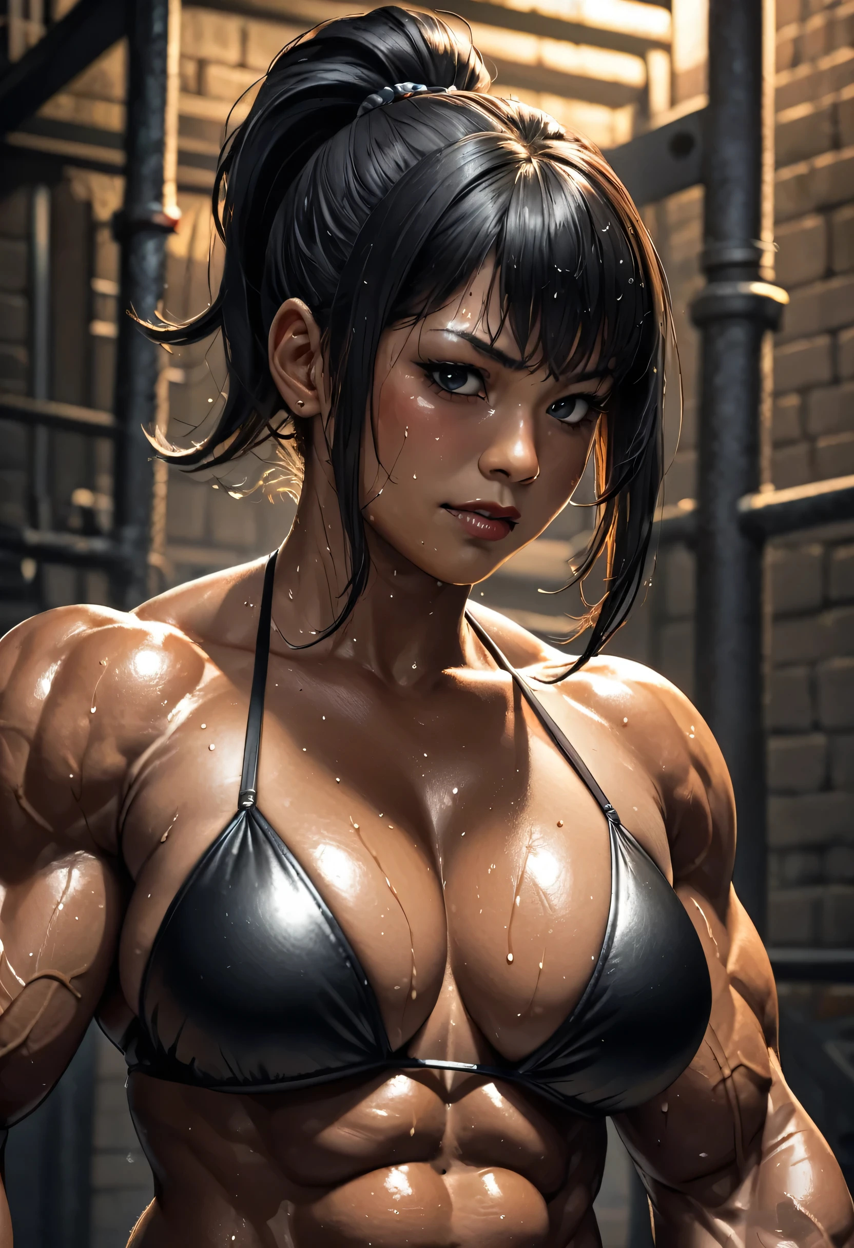 high quality, detailed, Realistic,(28 years old bulky japanese wrestler girl), (detailed black eyes), (black ponytail), (muscle:1.5), strong muscle legs, (dark skin), dungeon, (bikini:1.2), (sweat:1.4), (face close up), (front shot),(evil smirk:1.2)