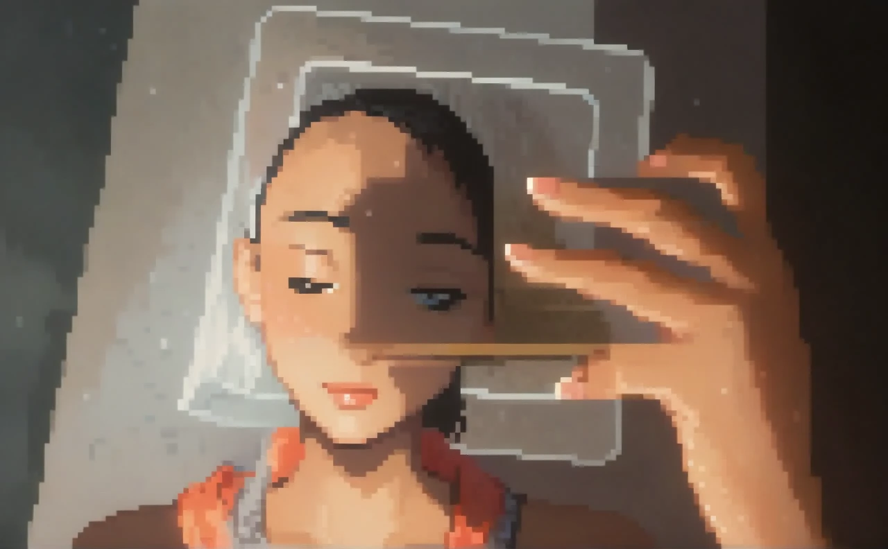 pixel art, pixel sorting, masterpiece, cute girl portrait, heavy rain in a tropical forest, gray blue atmosphere, 1girl, loose shirt, shoulder less, off shoulder, covered nipples, beanie cap, lips, nose, black hair, short hair, black background, seductive smile
