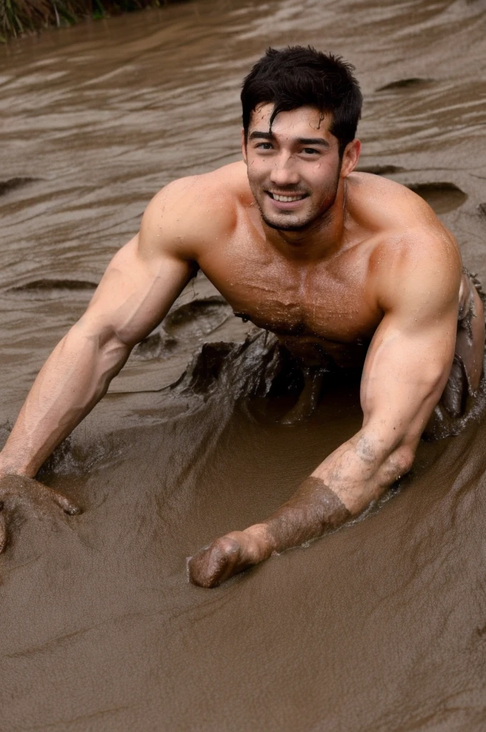 a muscular, shirtless man with short hair, partially submerged in a mud pit, sexy, smudged, covered in mud, nsfw