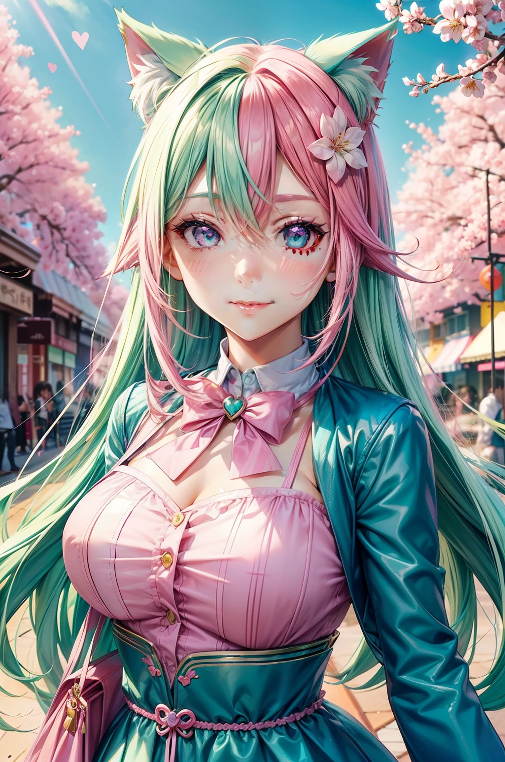 ((Pink green hair color)), pink eyes, woman, teal blue gold clothes,happy face, sexy outfit, cat ears, hearts, floating hearts, face only,  long hair, smiling, cherry blossom, hair ornament, up close face,  sexy clothes, sexy women , closed mouth smile, up close face 