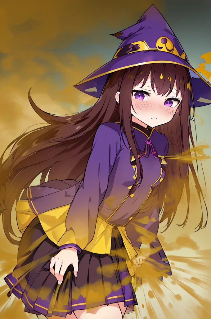 Witch Hat (Brown Hair) Long Hair (((Small breasts))) (Purple Eyes) ((())) (Slanted Eyes) (((low length))) ,(Turn around)  (((solo))),  Embarrassed,  blush, uniform、(I'm pulling up my skirt) (((A girl farts)))Standing with legs together
、(Holding on)(((Her butt is facing me))) ((Loli face)(((Yellow gas leaking from the anus)))(((high quality)))