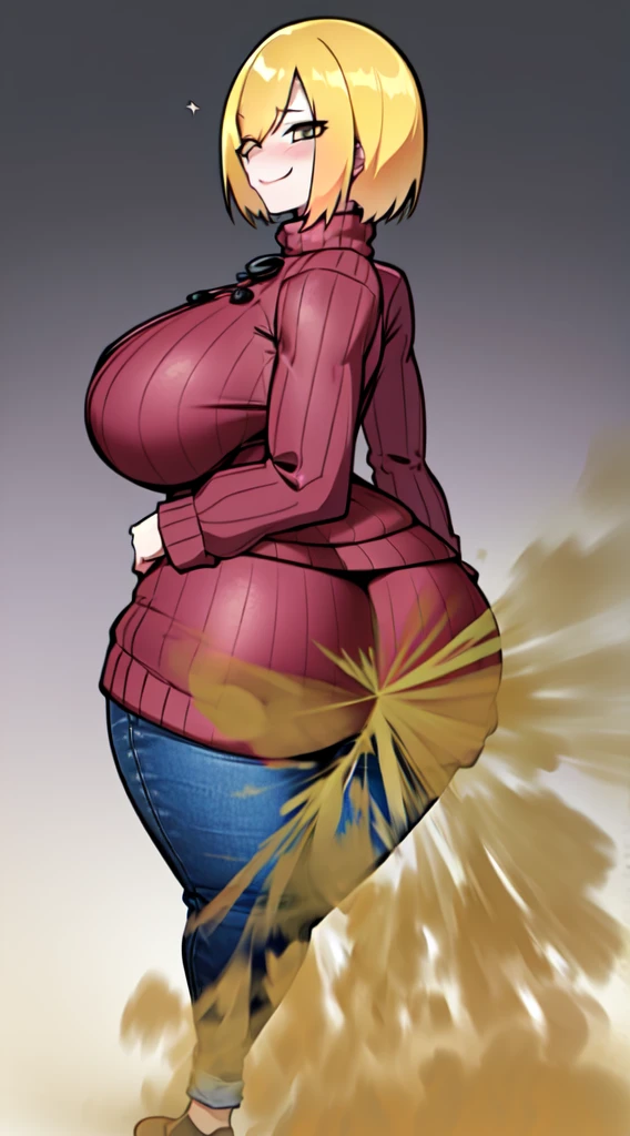 (masutepiece)), ((Best Quality)), (Ultra-detailed), ((kawaii)), quavery), ((Extremely detailed)), 4K, (8K), Best Quality, (Beautiful),(((World-class quality))), Extremely detailed, High resolution, (detailed shaded pretty face), Full body, ager, Solo, (((huge-breasted))), (((drooping chest))), spring_The costume, brown Sweaters, Sweaters, ribbed_Sweaters, long_sleeves, white_Pants, showing off butt