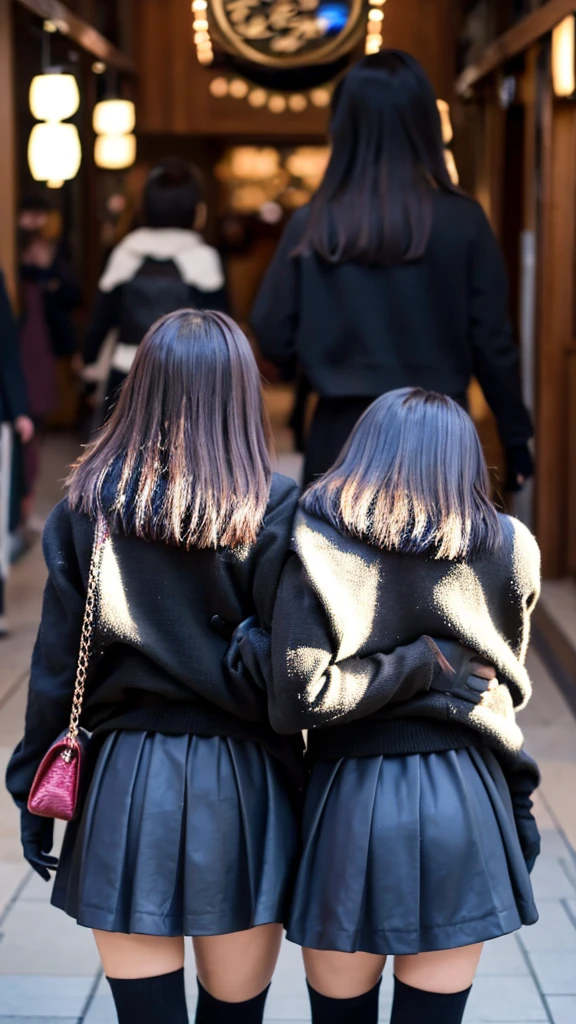 A Snapchat photo of two Japanese schoolgirls wearing black cardigan,Wearing luxurious thin black leather gloves on both hands, she invites the photographer in. ,Ultra Mini Skirt,Ultra-detailed face, showing off their legs in the style of cute anime girls, taken from behind them as they walked past each other at an outdoor shopping mall.