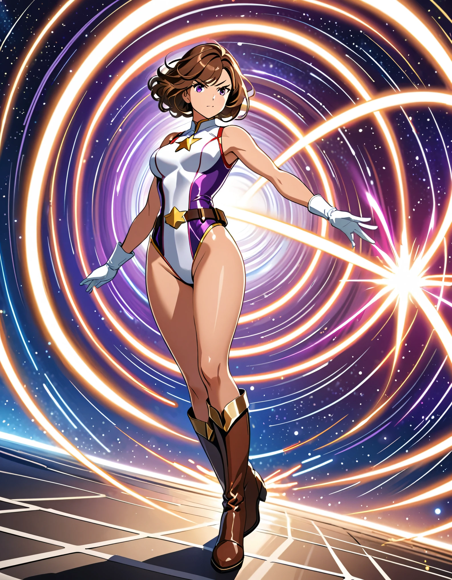 (masterpiece), (best quality), (high res), medium breasts, ((leotard, white and red leotard, matching leotard, sleeveless, bare legs)), ((gold star symbol on chest)), ((tight belt, gold belt)), ((boots, matching boots, ankle-high boots, white boots)), ((gloves, white gloves)), solo, solo focus, standing, (full body), cowboy shot, superhero, ((beautiful detailed eyes)), standing straight, full body shot, cowboy shot, superhero, mature lady, brown hair, short hair, bob hair, purple eyes, (perfect anatomy). spread arms, (spinning), (she spins) fast in place like a (tornado), spinning in place, tornado spinning, rapid gyration, (dynamic spin pose), space backdrop, motion blur, speed lines around her, spiral lines around her, tornado, time warp, (spinning energy pulse), light particles, serious.