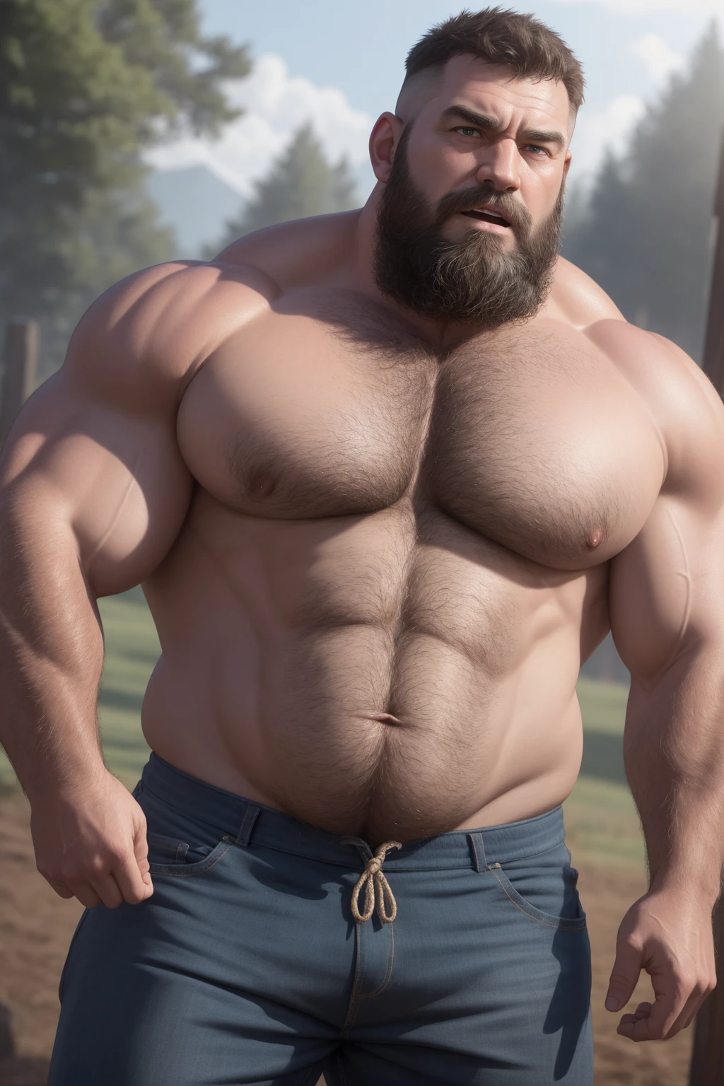 8K HIGH RESOLUTION HDR Very Extremely Realistic Very Detailed High Quality Create a professional studio-style 8K HDR Very Real photograph featuring a middle-aged daddy rugged bodybuilder muscle bears man , burly, very realy detailed hairy, 8K very realistic beared big daddy muscle bear,  and 8K very realistic detailed rugged burly man in shorts. Very Realistic detailed shorts, very realistic hair, very realistic beards, very realistic thick chubby fat neck, very realistic neck lines, very realistic detailed neck, very realistic belly, very realistic burly chest, very realistic detailed hairy burly strong chest and arms, very realistic detailed hairy burly strong chest and arms, very realistic pecs, very realistic burly muscle bear body, very realistic nipples, very realistic burly muscle bear body, very realistic face, very realistic detailed face, very realistic eyes, very realistic detailed eyes, very realistic pupils, very realistic detailed pupils, very realistic nose, very realistic ears, very realistic facial features, very realistic burly arms, very realistic elbows, very realistic hands, very realistic pecs, very realistic belly, very realistic human man body, very realistic bellybutton, very realistic wrists, very realistic fingers, very realistic fingernails, very realistic shoulders, very realistic mouth, very realistic lips, very realistic detailed skin, very realistic skin, very realistic mens clothing, very realistic detailed mens clothing. 8K HDR Very Realistic Hairy Bearded Burly Muscle bear Photoshoot, A very realistic burly muscle bear man in a Farm,  8K HDR Very Realistic Intricately Detailed, 8K HDR very realistic detailed Farm surroundings, 8K HDR very realistic surroundings lighting, No Deformities, captured with a 85mm lens by a world famous photographer, 8K HDR Very Ultra Realistic and 8K HDR Very Realistic Photograph, 8K HDR Clear HDR Quality full with very realistic real details 