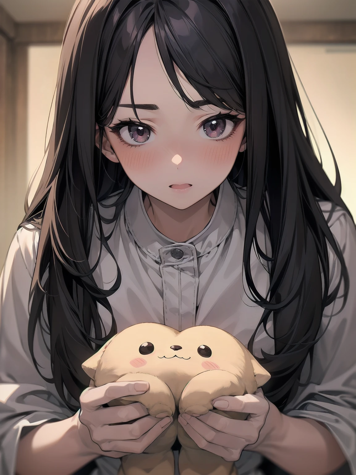 Masterpiece、Cinematic、Highest quality、Super detailed、Detailed clothing、Clear Face、Detailed face、Detailed skin、1人のgirl、14 years old、girl、、、Embarrassing、blush、Looking down、Loose wearing、A dark room、Blackout、Cute Pozu
