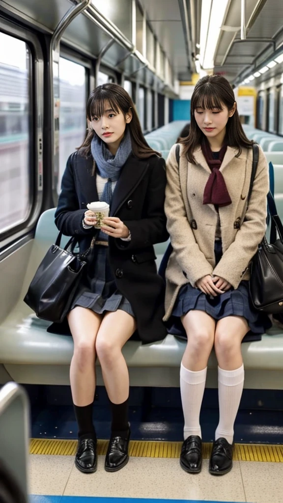 A photo of two adult Japanese high school students wearing leather shoes, duffle coats, and shiny thin black leather gloves.,Inside the train,Voyeur,Thick makeup face,Highly detailed face, Both of them have beautiful legs crossed.Displeased expression.Smelly socks, ,Ultra mini skirt,lol,School Bags,This photo was taken in daylight with soft lighting...、The girls are sitting on train seats.。. This photo was taken by someone on their cell phone...、Apparently it was posted on Snapchat..。.