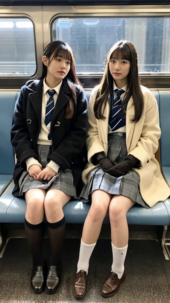 A photo of two adult Japanese high school students wearing leather shoes, duffle coats, and shiny thin black leather gloves.,Inside the train,Voyeur,Thick makeup face,Highly detailed face, Both of them have beautiful legs crossed.Displeased expression.Smelly socks, ,Ultra mini skirt,lol,School Bags,This photo was taken in daylight with soft lighting...、The girls are sitting on train seats.。. This photo was taken by someone on their cell phone...、Apparently it was posted on Snapchat..。. 
