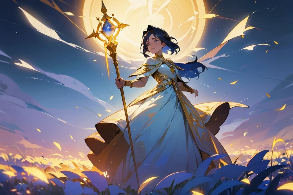 woman, A sorceress dressed in a white and gold dress, holding a glowing scepter with radiant lights around it. The background is a field of flowers at dawn, with sun rays penetrating through the trees.