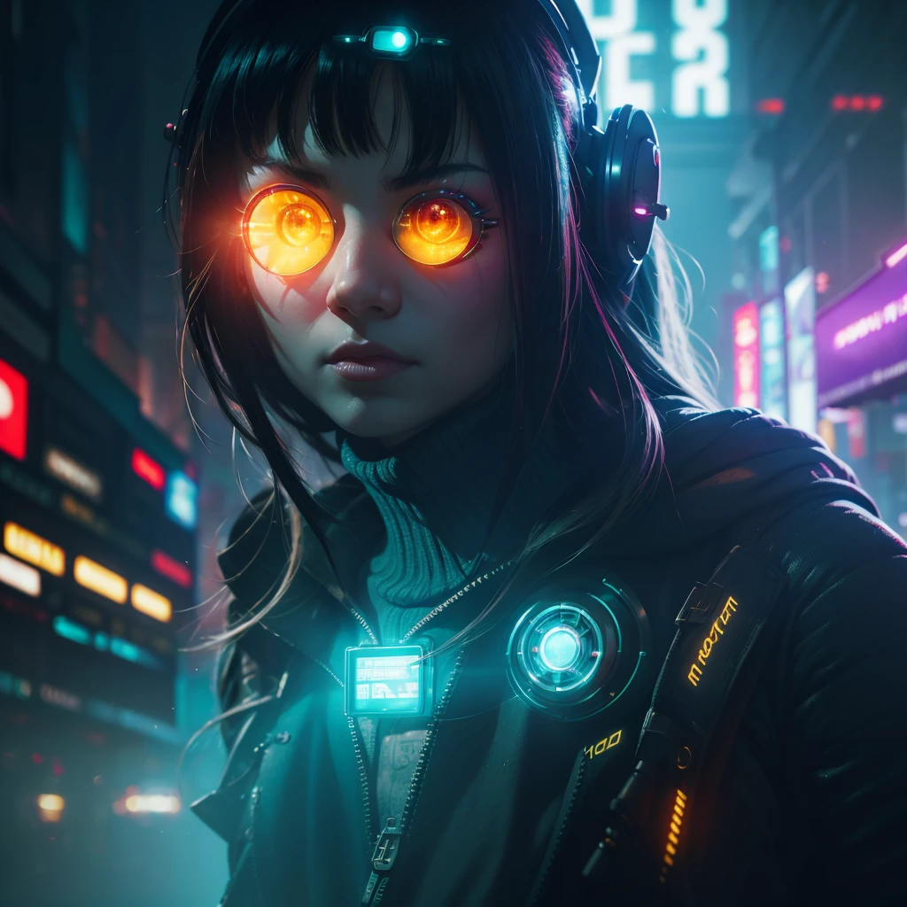 Cyber Girl, solo, 1girl, cyber implant, split pupils, (BOKEH) dreamy cyberpunk background, engaging perspective, captivating gaze, (deep, immersive) steam ambiance, (artistically) blurred foreground, mist, (secretive), best quality, anomaticaly correct, 4k, 8k