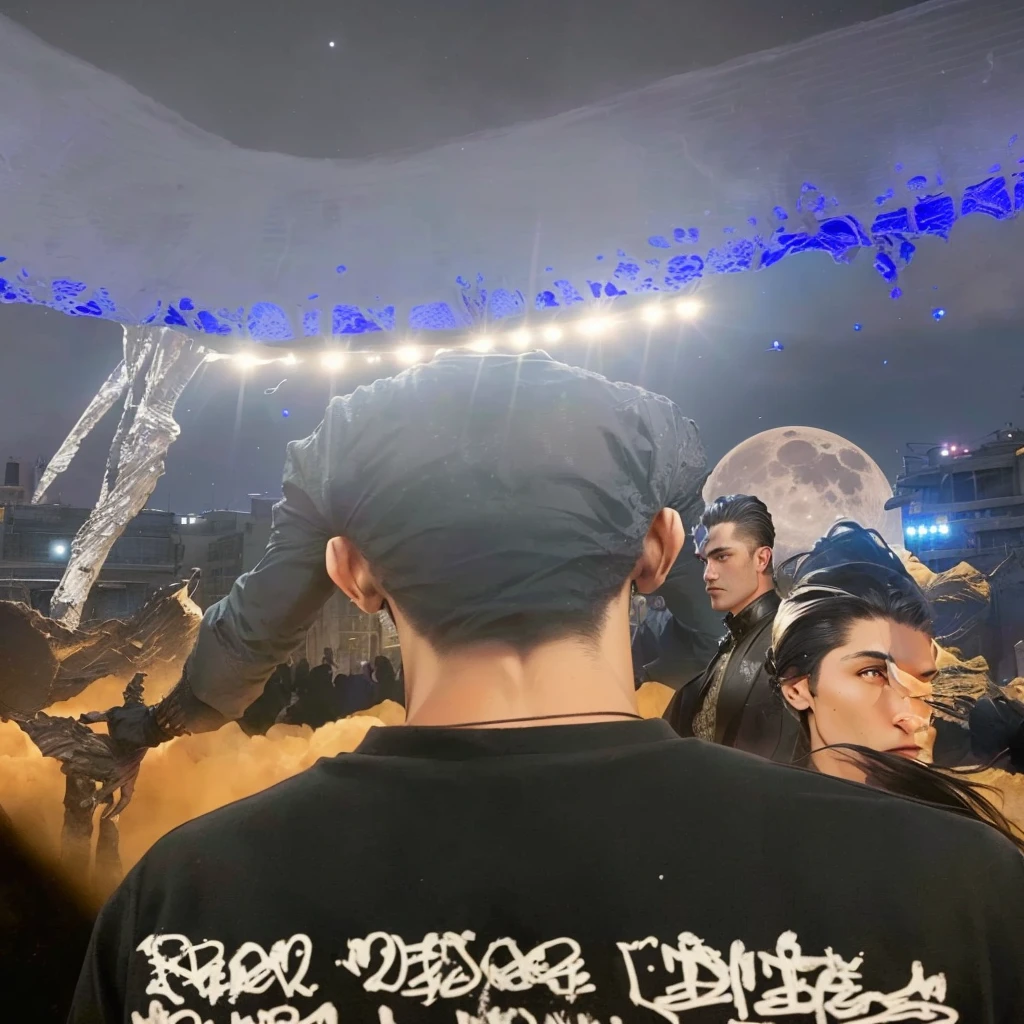 aliens in the background, sinister figure in the background, the moon cast on man, you can see the shoulders, looking into the distance, monsters in the background, moon behind him, dancing in the background, in the photo from the shoulders up, Moons in the background, quiet night. Over the shoulder shot