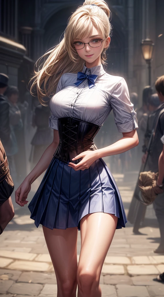 8k, Mesa, photo and gross, Best Quality, photorealistic, Highly detailed CG Unity 8k wallpaper, Depth of fields, cinematic light, Lens flare, ray tracing, (extremely beautiful face, beautiful lips, pretty eyes), face with intricate details, ((Ultra detailed skin)) 1 girl en, in the dark, deep shadow, Pretty Korean girl, kpop idol, 1 girl, (very thin and slender fit muscular body:1.3), ((looking at the viewer)),(big smile:1.3),  (blurred background),(There are no people in the background:1.3), beautiful earrings, wifes,  light eyes, walking, (pale skin), (large eyes), Look forward, (golden bristles), (full body shot), , ((Blue High Waist Skirt)), , (looking at the viewer:1.3) open chest, very thin, medium breasts, ass strength, Before eyebrows, thick thighs((White shirt:1.3)), (crossed,under bust:1.2), short sleeves, button gap,frameless glasses,corset belt,Beautiful ponytail,a blonde,