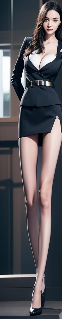 Thigh garter, Full body shot, smile, large breasts, deep cleavage , kglamour_magv2, race_queen dressed in navy blue retro Prosecutor uniform, (steampunk background:.4), masterpiece, breathtaking, dramatic composition, ultra realistic, 100mm, Fujifilm XT3, Canon50 DSLR, sharp focus, hyperrealism, highly detailed, crisp edges, micro skirt, very slim body,